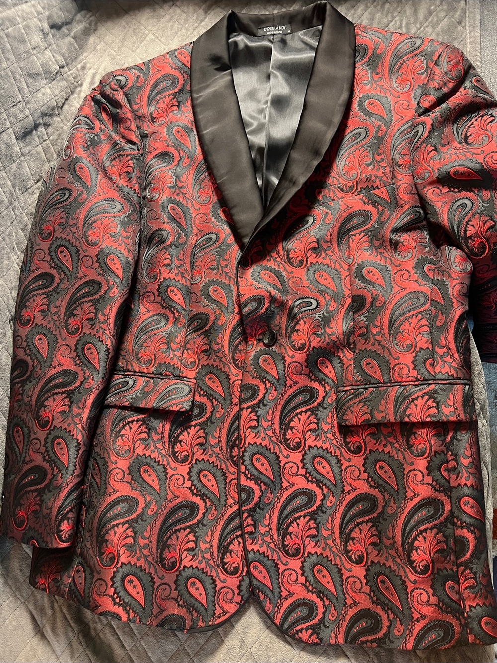 COOFANDY Men's Red & Black Paisley Shawl Lapel Tuxedo Jacket